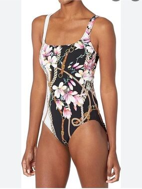Gottex Black Floral & Chain Print One-Piece Swimsuit